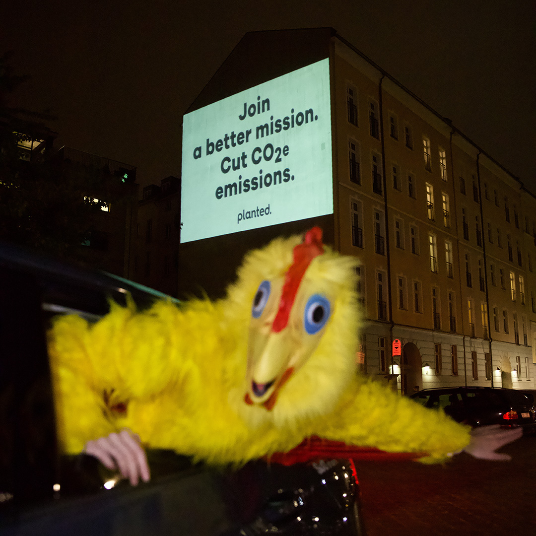 A person in a yellow chicken costume leaning out of a car at night, with the projected message on a building behind
